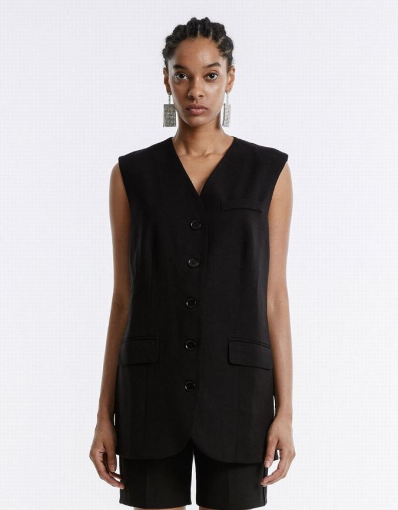 Urban Revivo Plain Button Up Women\'s Vest Black | YCQXSFV-24