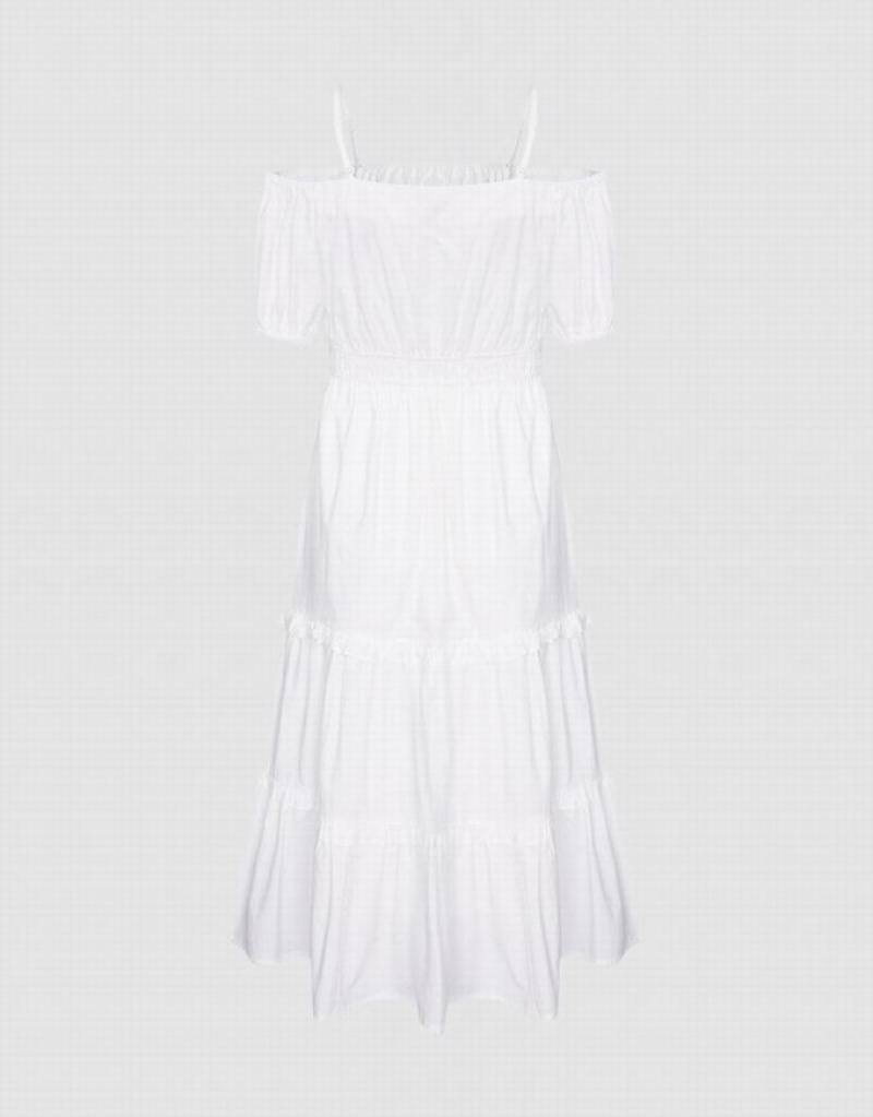 Urban Revivo Plain Cold Shoulder Tiered Midi Women's Midi Dress White | UFGKBYH-67