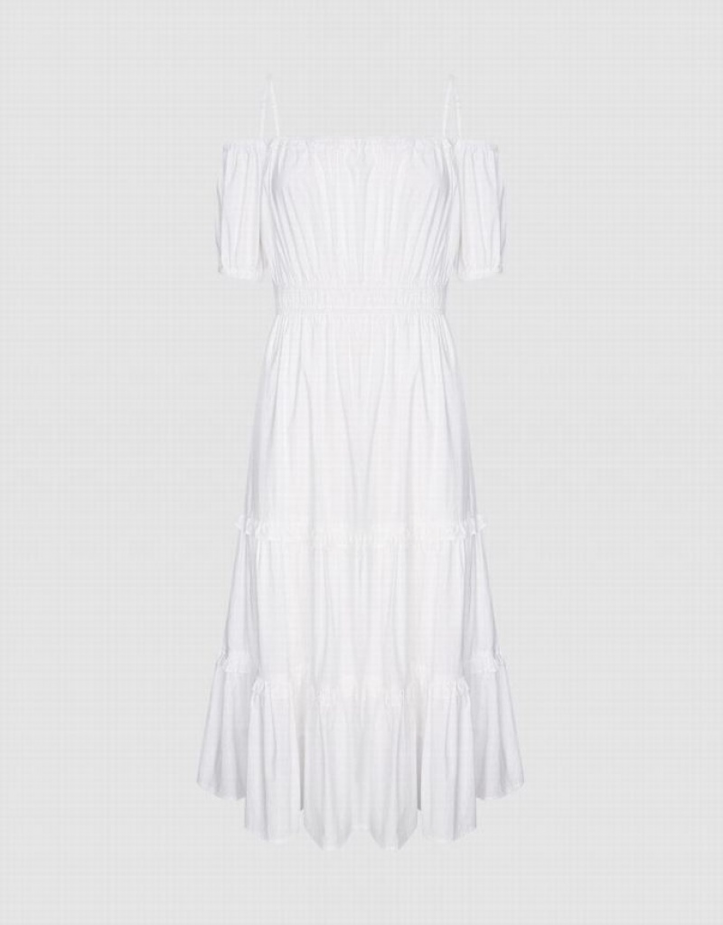 Urban Revivo Plain Cold Shoulder Tiered Midi Women\'s Midi Dress White | UFGKBYH-67