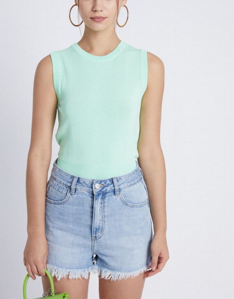 Urban Revivo Plain Crew Neck Knitted Women's Tank Top Mint | TGPXYVB-93