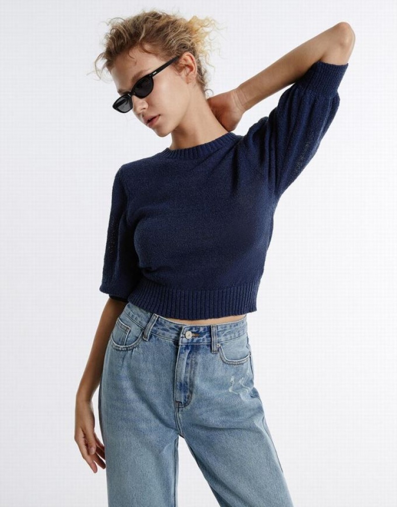 Urban Revivo Plain Cropped Women's Sweaters Navy | ZTQPBOH-94