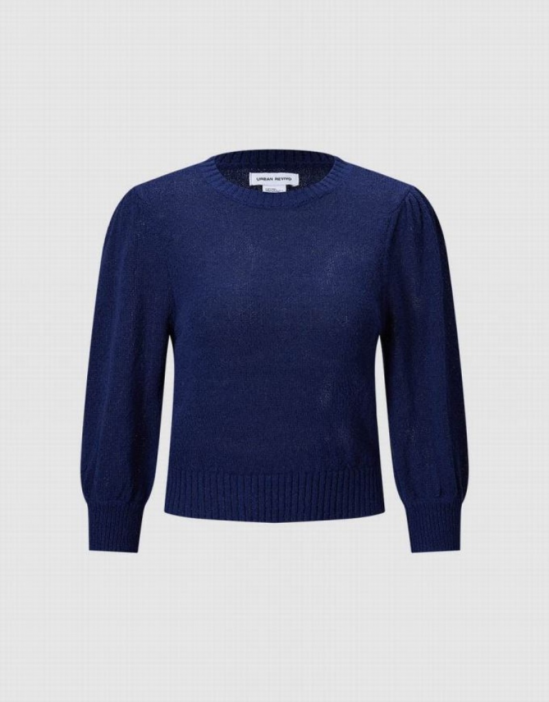 Urban Revivo Plain Cropped Women's Sweaters Navy | ZTQPBOH-94