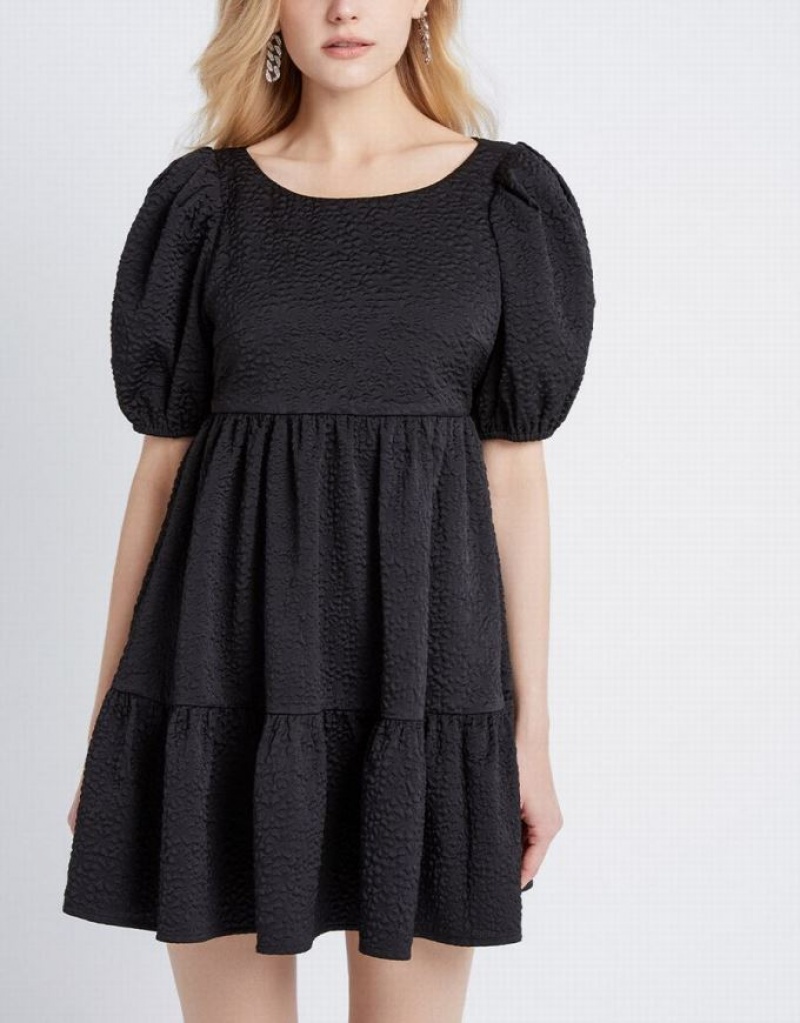 Urban Revivo Plain Puff Sleeve Ruffle Hem Women's Casual Dress Black | RXGCBWO-37