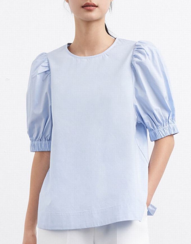 Urban Revivo Plain Puff Sleeve Women's Blouse Blue | WFLVGBN-67