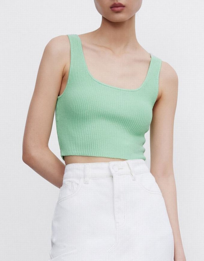 Urban Revivo Plain Ribbed Knit Women's Tank Top Green | XGMIARF-97