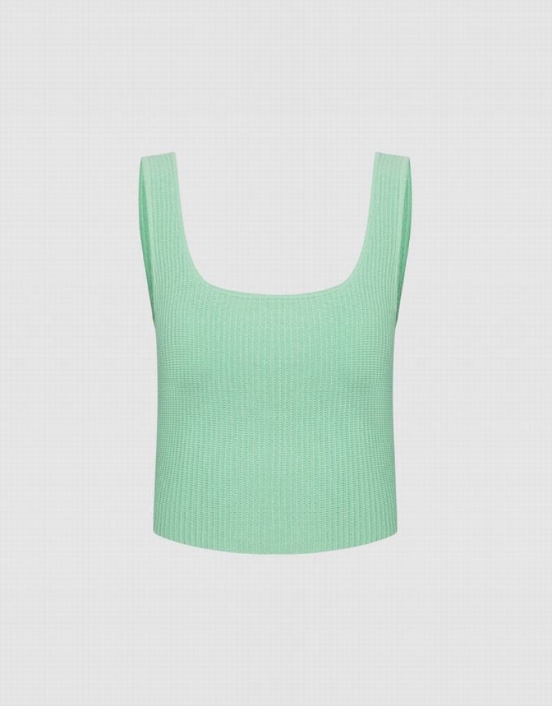 Urban Revivo Plain Ribbed Knit Women\'s Tank Top Green | XGMIARF-97