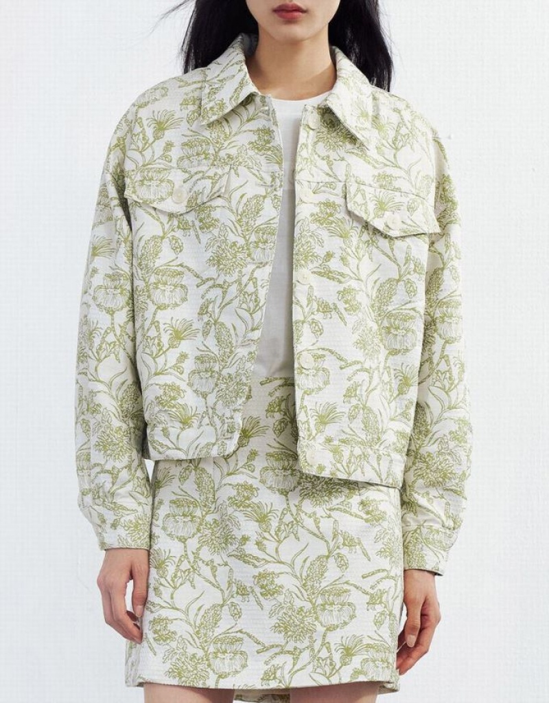 Urban Revivo Plant Print Button Up Women's Jacket Green | XOCWLFH-08