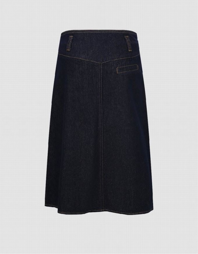 Urban Revivo Pleated Midi A-Line Women's Denim Skirt Blue | ZFXUAMW-25