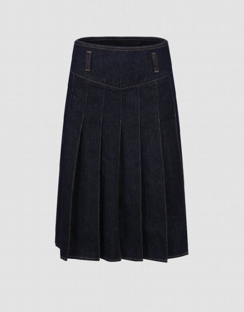 Urban Revivo Pleated Midi A-Line Women\'s Denim Skirt Blue | ZFXUAMW-25