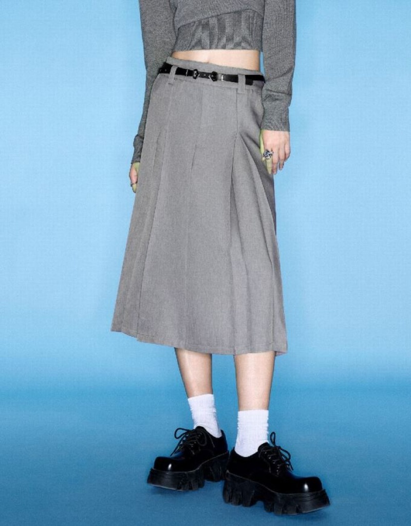 Urban Revivo Pleated Midi A-Line Women's Skirts Grey | CXDHYWB-46