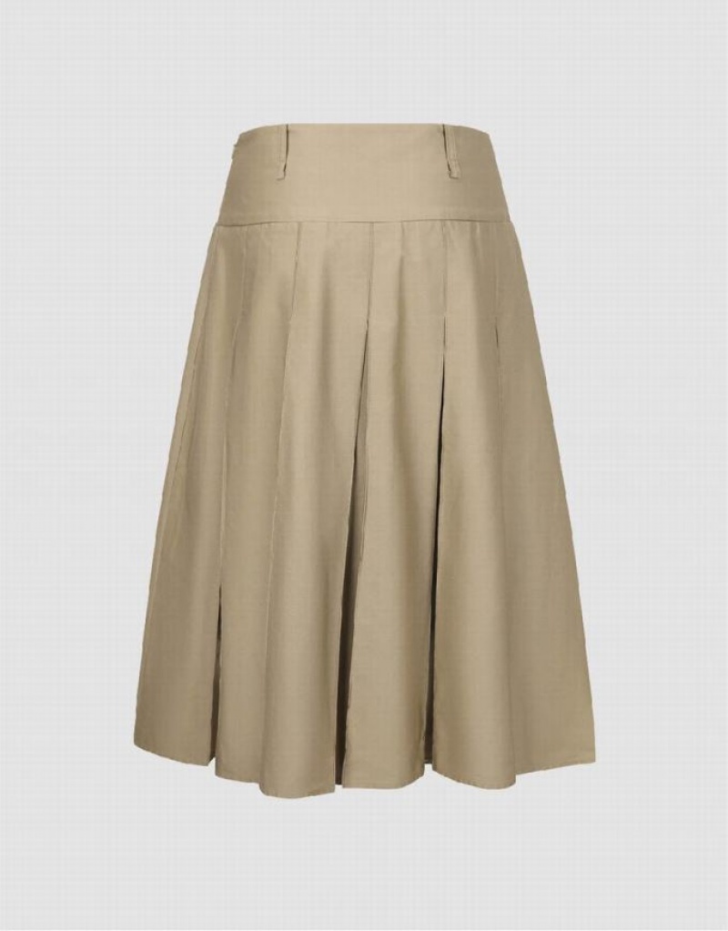 Urban Revivo Pleated Midi A-Line Women's Skirts Khaki | MXNESVO-94