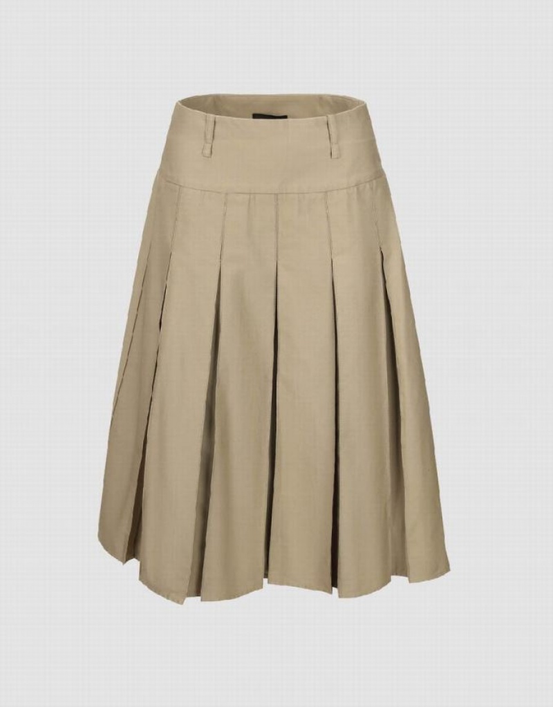 Urban Revivo Pleated Midi A-Line Women\'s Skirts Khaki | MXNESVO-94