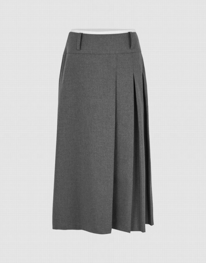 Urban Revivo Pleated Midi A-Line Women\'s Skirts Dark Grey | TZEAHXU-21