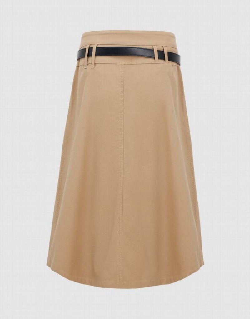 Urban Revivo Pleated Midi A-Line Women's Skirts Khaki | BEYCOUL-05