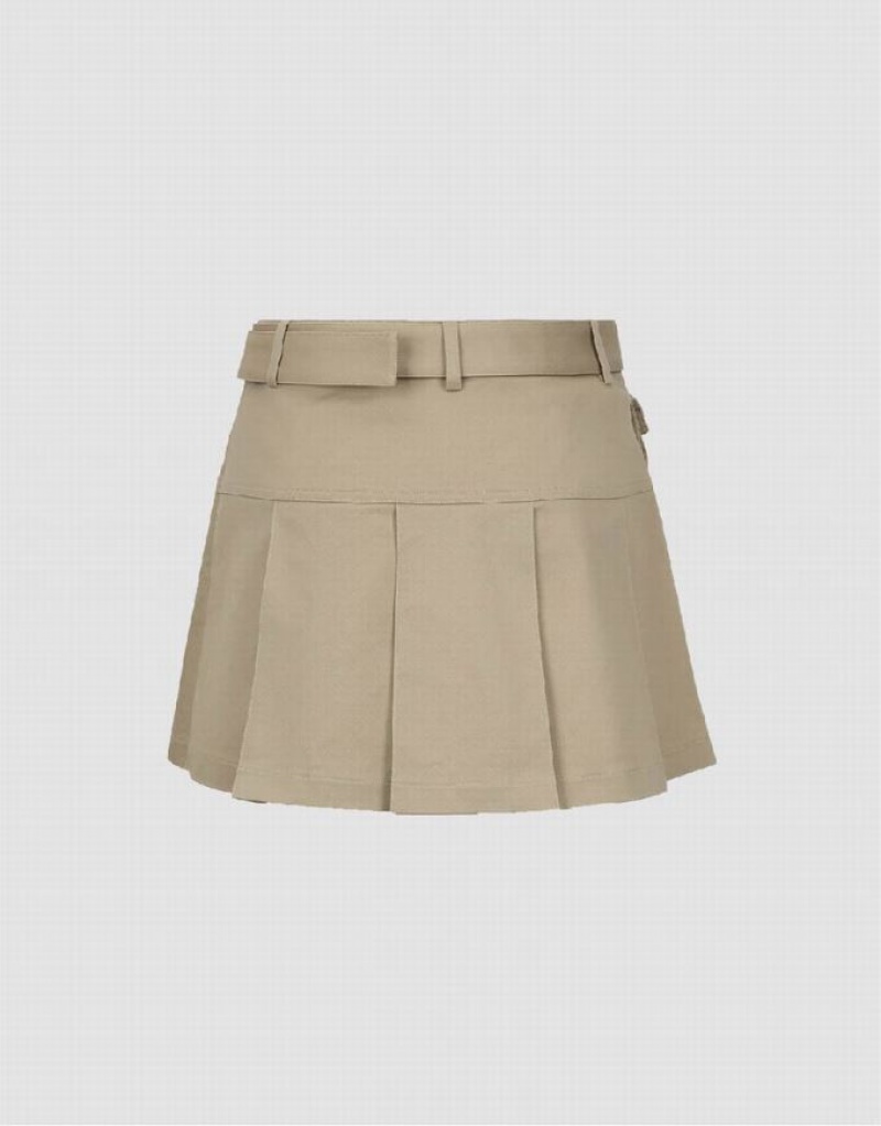 Urban Revivo Pleated Mini A-Line With Belt Women's Skirts Khaki | VTAPJIR-27