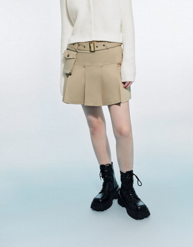 Urban Revivo Pleated Mini A-Line With Belt Women's Skirts Khaki | VTAPJIR-27