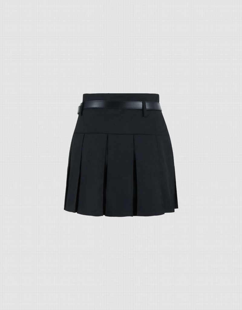 Urban Revivo Pleated Mini A-Line With Belt Women's Skirts Black | PQRXWVO-09