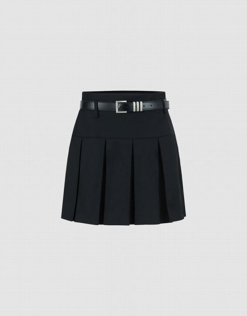 Urban Revivo Pleated Mini A-Line With Belt Women\'s Skirts Black | PQRXWVO-09