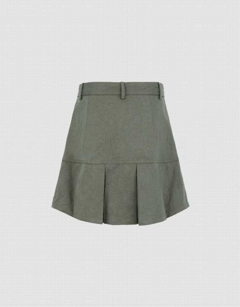 Urban Revivo Pleated Mini A-Line With Belt Women's Skirts Green | EAFCLJS-76