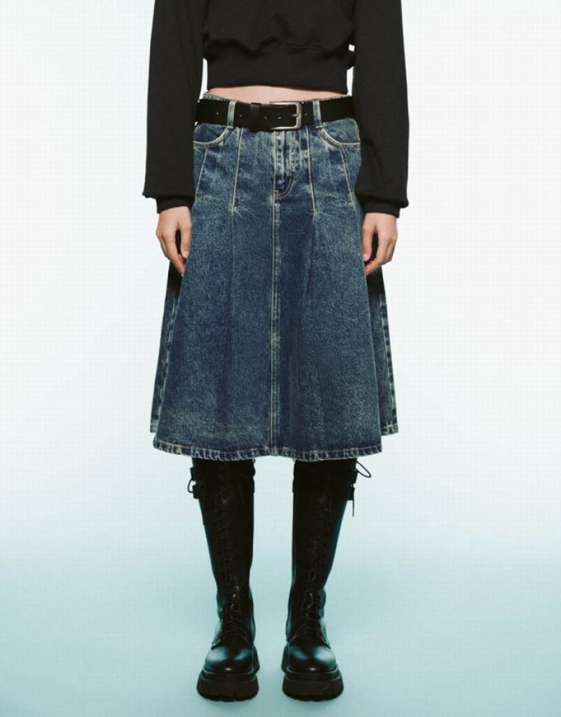 Urban Revivo Pleated Mini A-Line Women's Denim Skirt Blue | LOIHQSB-59