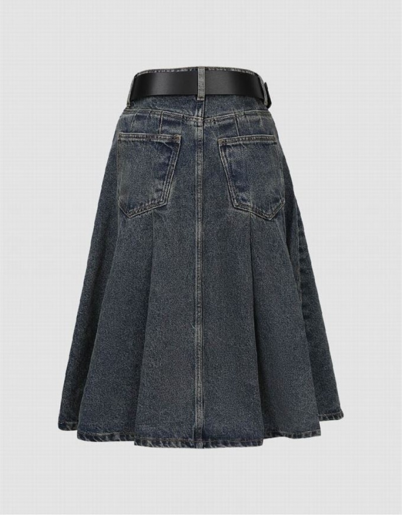 Urban Revivo Pleated Mini A-Line Women's Denim Skirt Blue | LOIHQSB-59