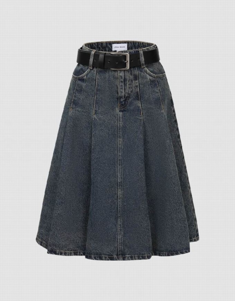 Urban Revivo Pleated Mini A-Line Women\'s Denim Skirt Blue | LOIHQSB-59