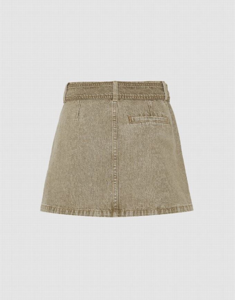 Urban Revivo Pleated Mini A-Line Women's Denim Skirt Khaki | YUWDJRP-03