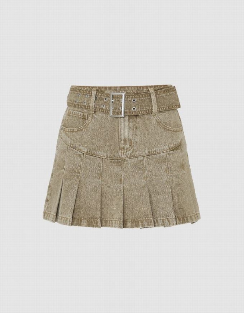 Urban Revivo Pleated Mini A-Line Women\'s Denim Skirt Khaki | YUWDJRP-03