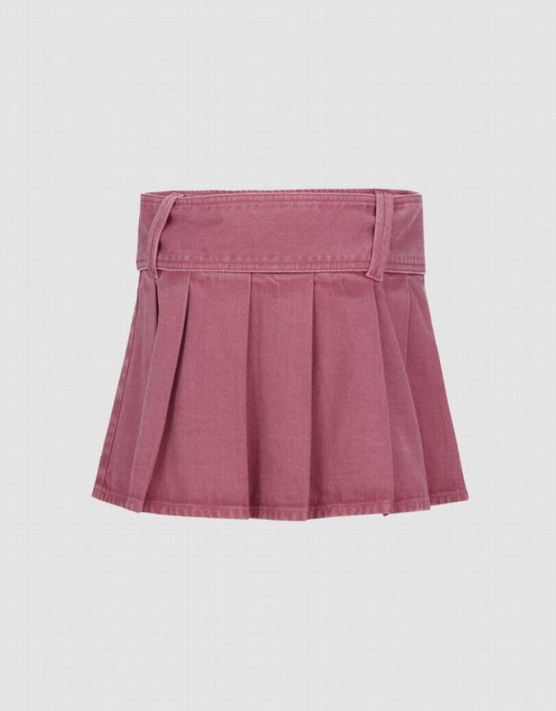 Urban Revivo Pleated Mini A-Line Women's Denim Skirt Pink | ICTJRNM-39