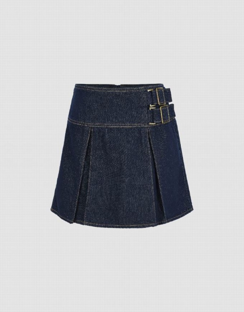 Urban Revivo Pleated Mini Women\'s Denim Skirt Blue | KINQPZL-43