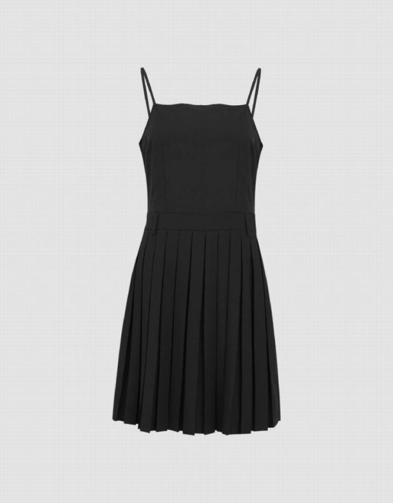 Urban Revivo Pleated Square-cut Collar Straight Cami Women's Dress Black | WTSOURC-36