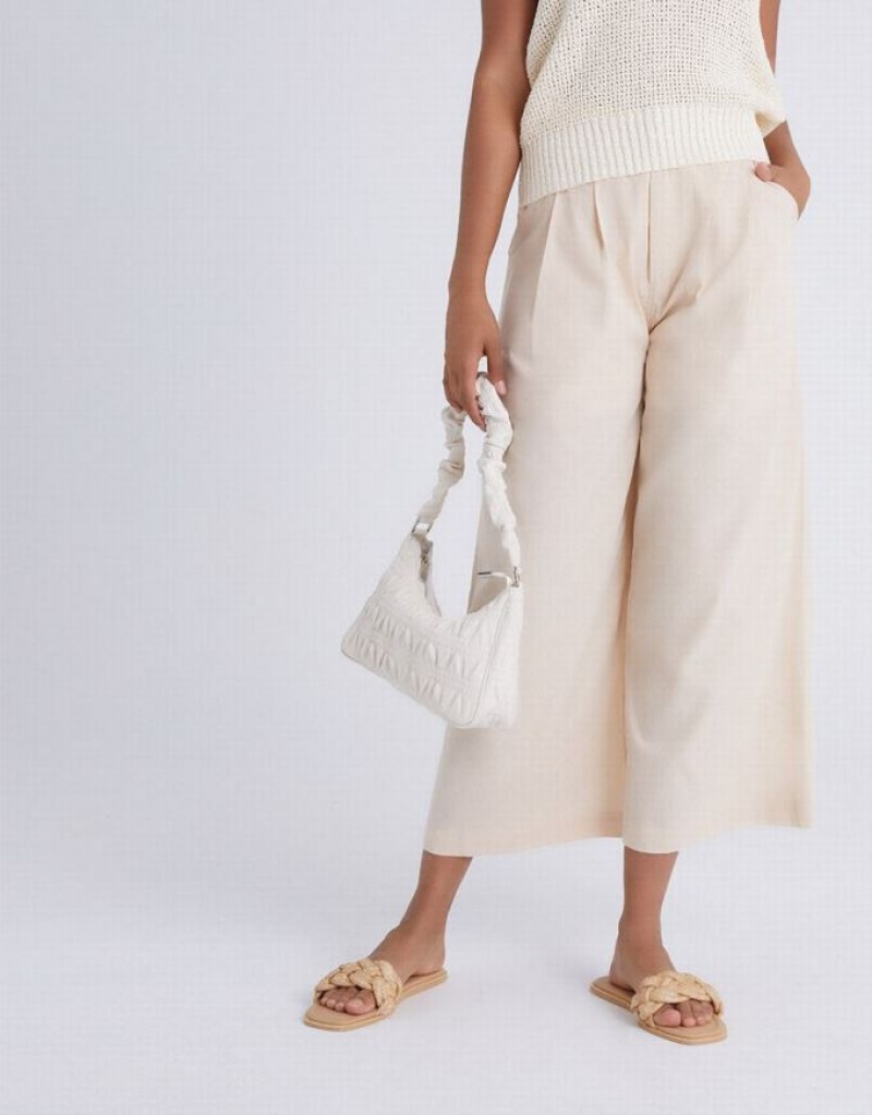 Urban Revivo Pleated Wide Leg Cropped Women's Pants Khaki | OULHRBE-84