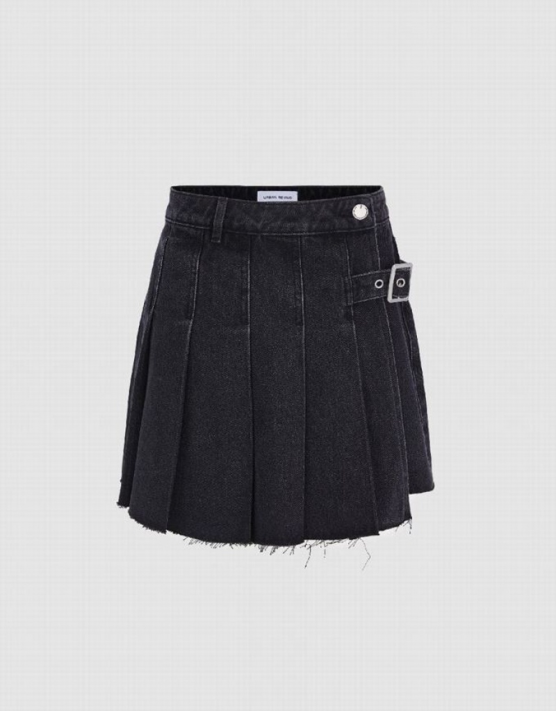 Urban Revivo Pleated With Belt Women\'s Denim Shorts Black | IABWURH-60