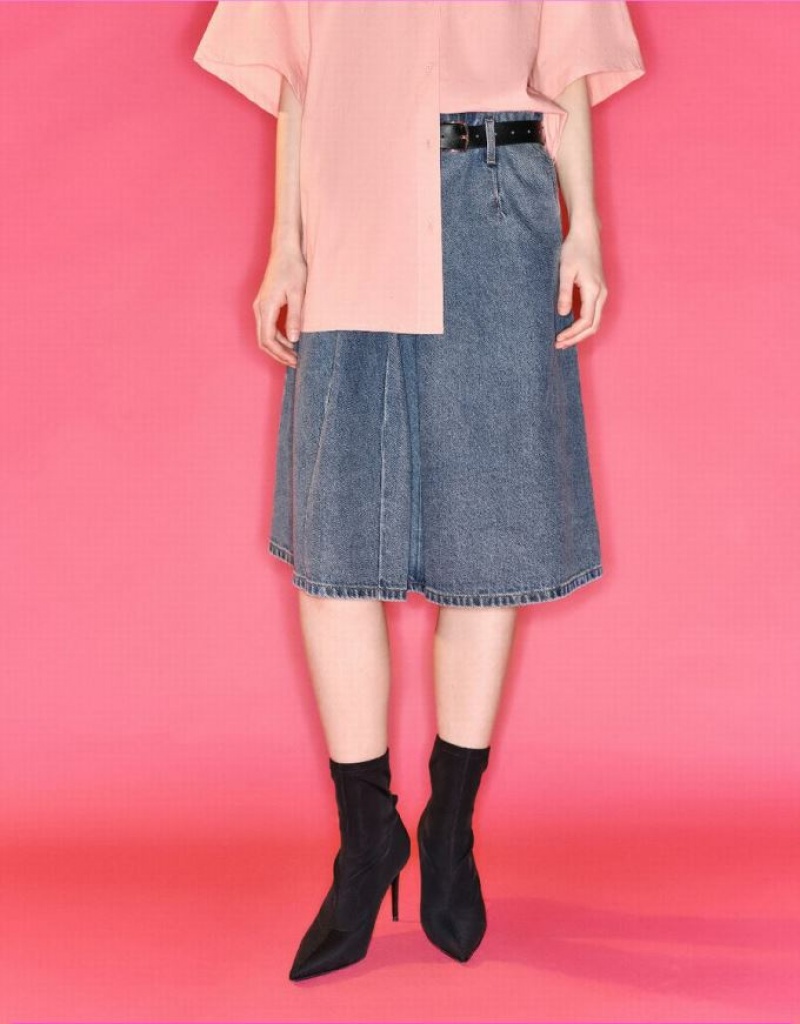 Urban Revivo Pleated With Belt Women's Denim Skirt Blue | TPGWCSZ-93