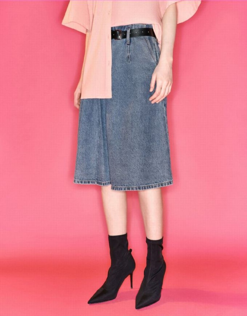 Urban Revivo Pleated With Belt Women's Denim Skirt Blue | TPGWCSZ-93