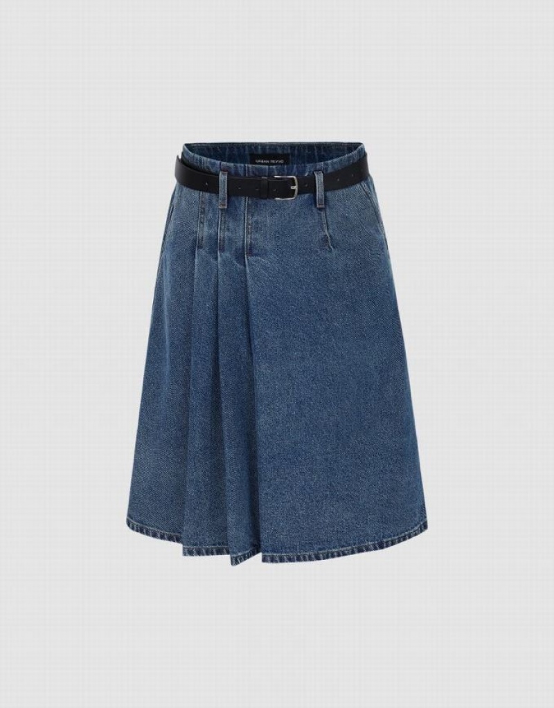 Urban Revivo Pleated With Belt Women\'s Denim Skirt Blue | TPGWCSZ-93