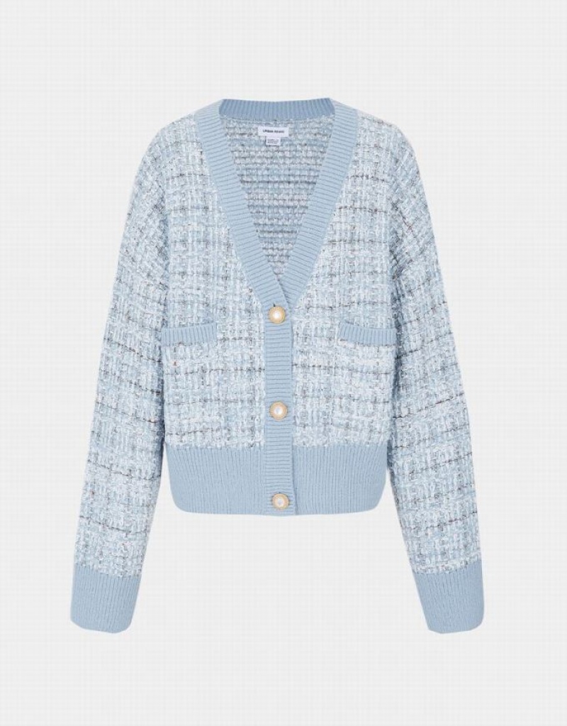 Urban Revivo Pocket Tweed Plaid Women's Cardigan Light Blue | QLICUHJ-71