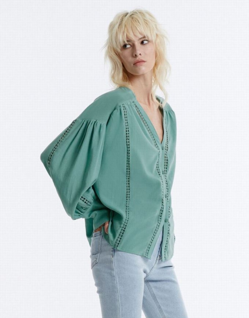 Urban Revivo Pointelle Buttoned Women's Shirts Green | BLTZIOG-31