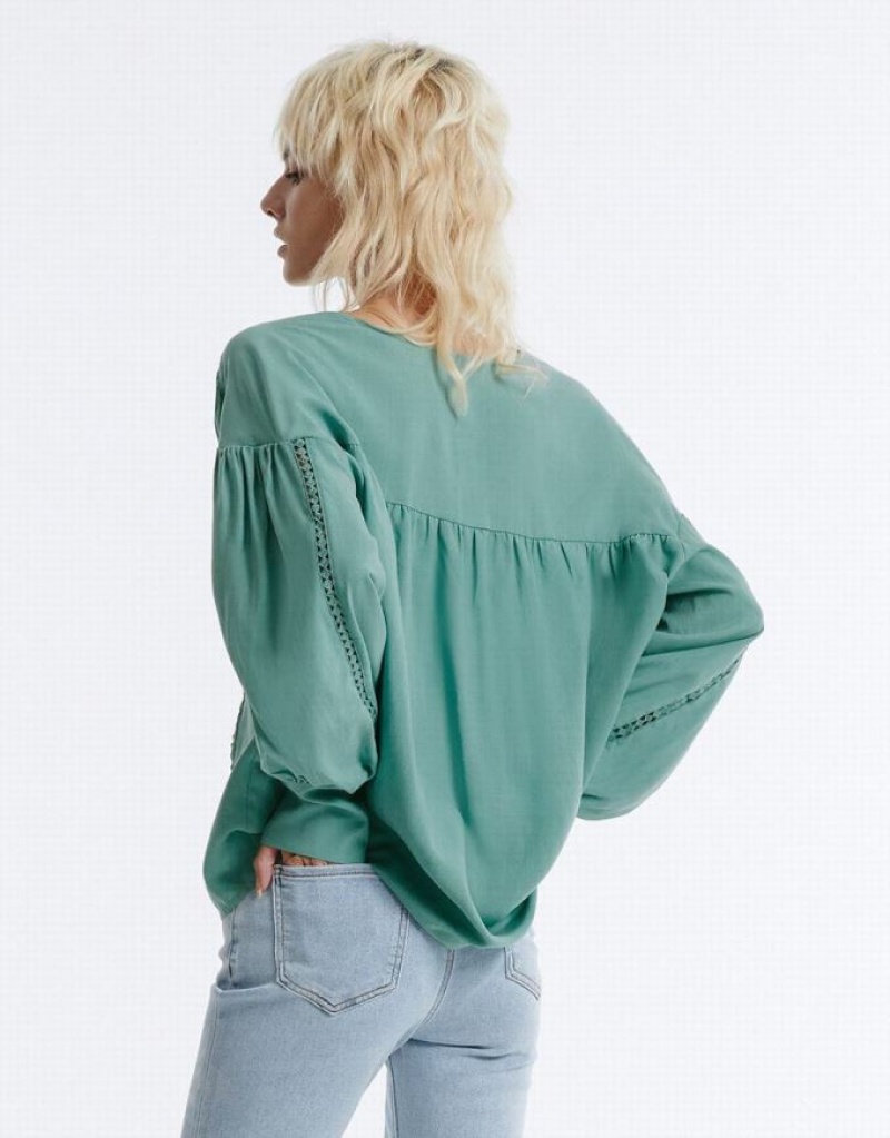 Urban Revivo Pointelle Buttoned Women's Shirts Green | BLTZIOG-31