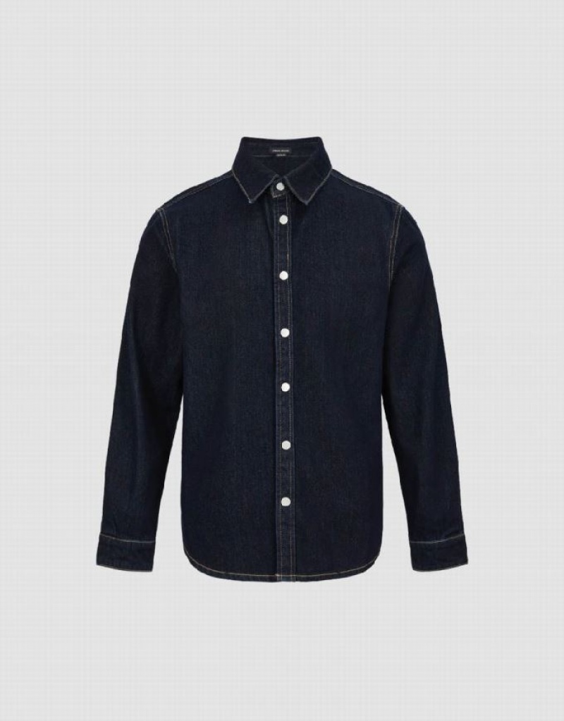 Urban Revivo Press Button Denim Men's Shirts Blue | WUZLECB-42