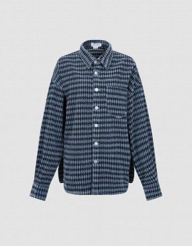 Urban Revivo Press Buttoned Checkered Denim Women's Shirts Blue | OSIFMPL-78