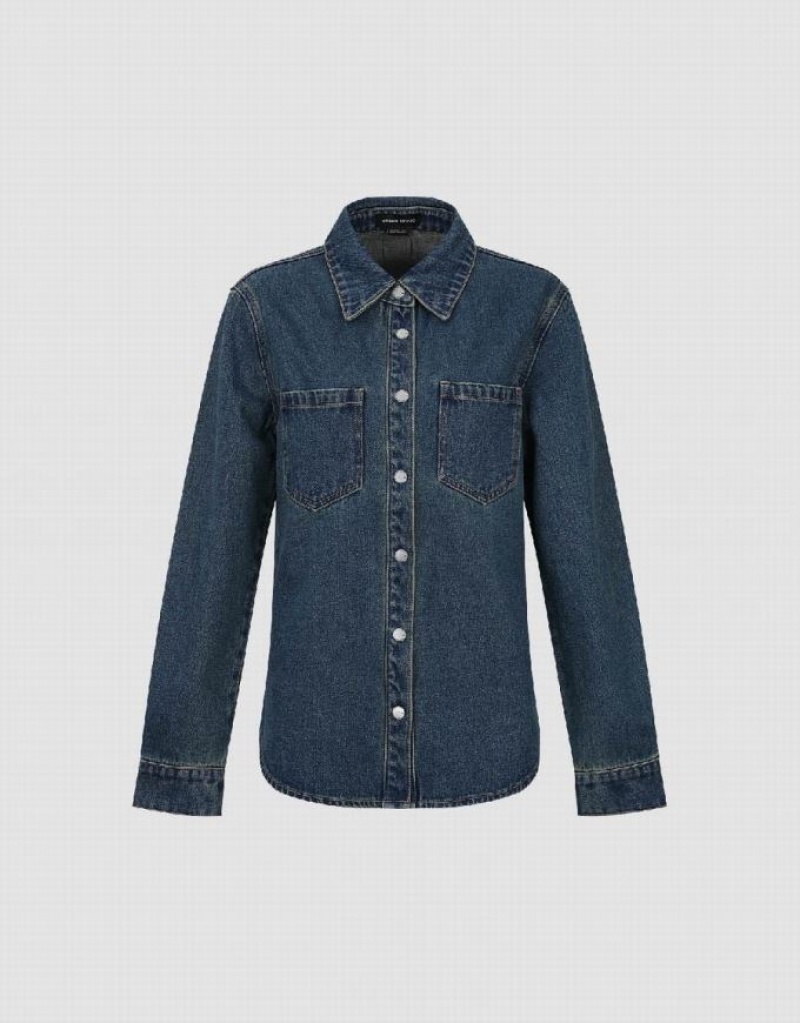 Urban Revivo Press Buttoned Denim Women's Shirts Blue | YAHSPUD-34