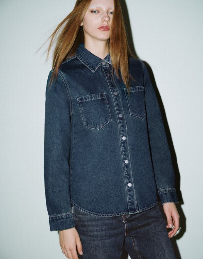 Urban Revivo Press Buttoned Denim Women's Shirts Blue | YAHSPUD-34