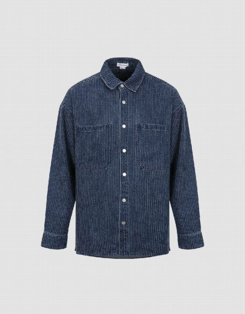 Urban Revivo Pressed Button Denim Men's Shirts Blue | RTGICQO-48