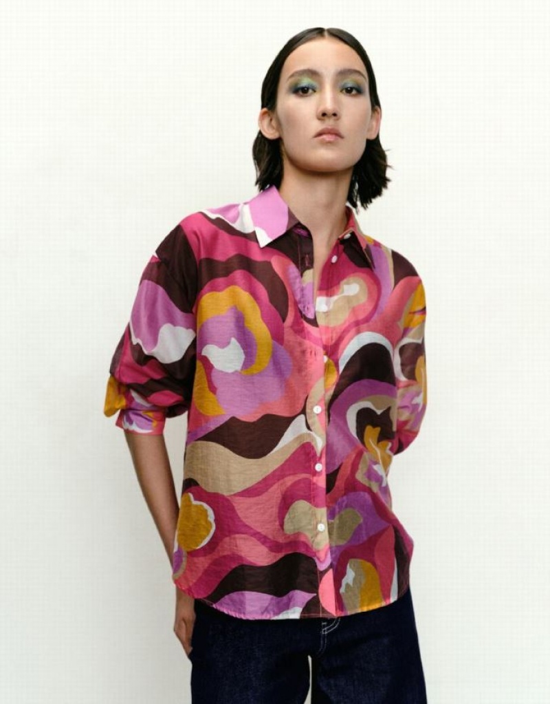 Urban Revivo Printed Button Up Lapel Women's Shirts Multicolor | EBARYDZ-48