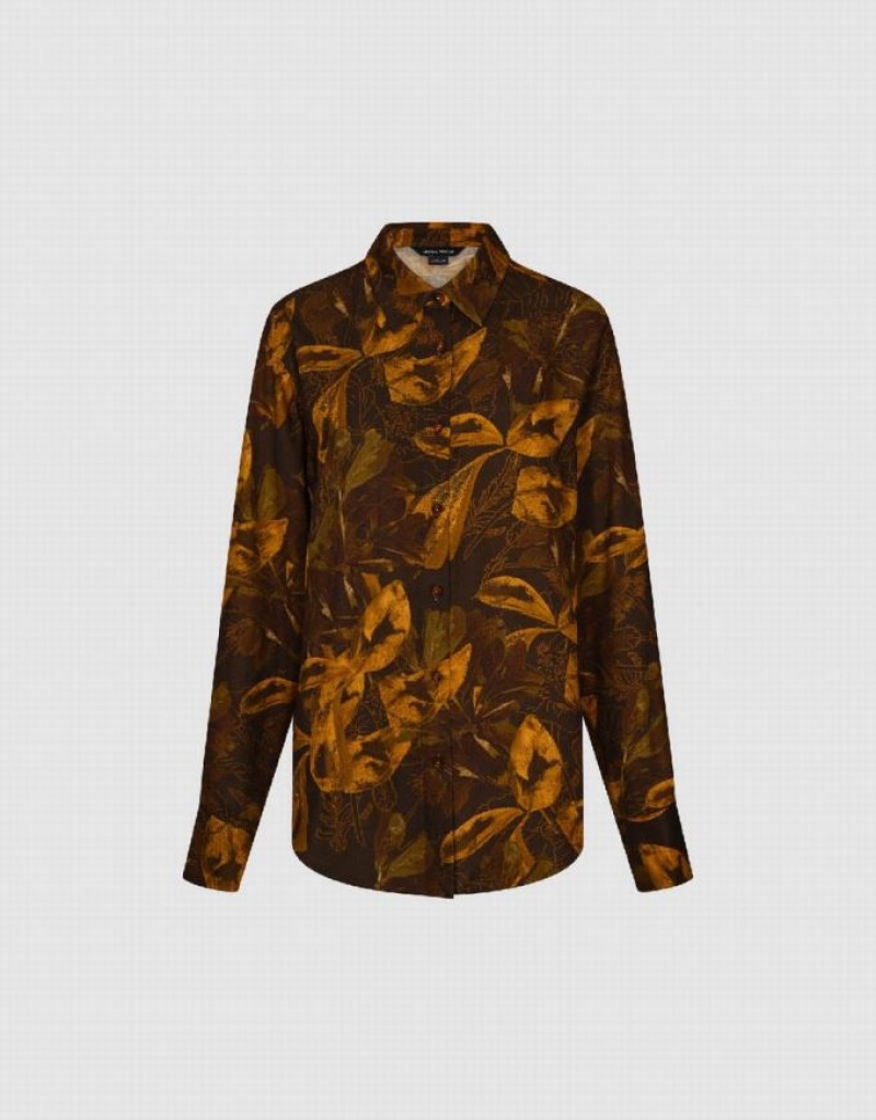 Urban Revivo Printed Button Up Straight Women's Shirts Orange | BKVJYWG-07