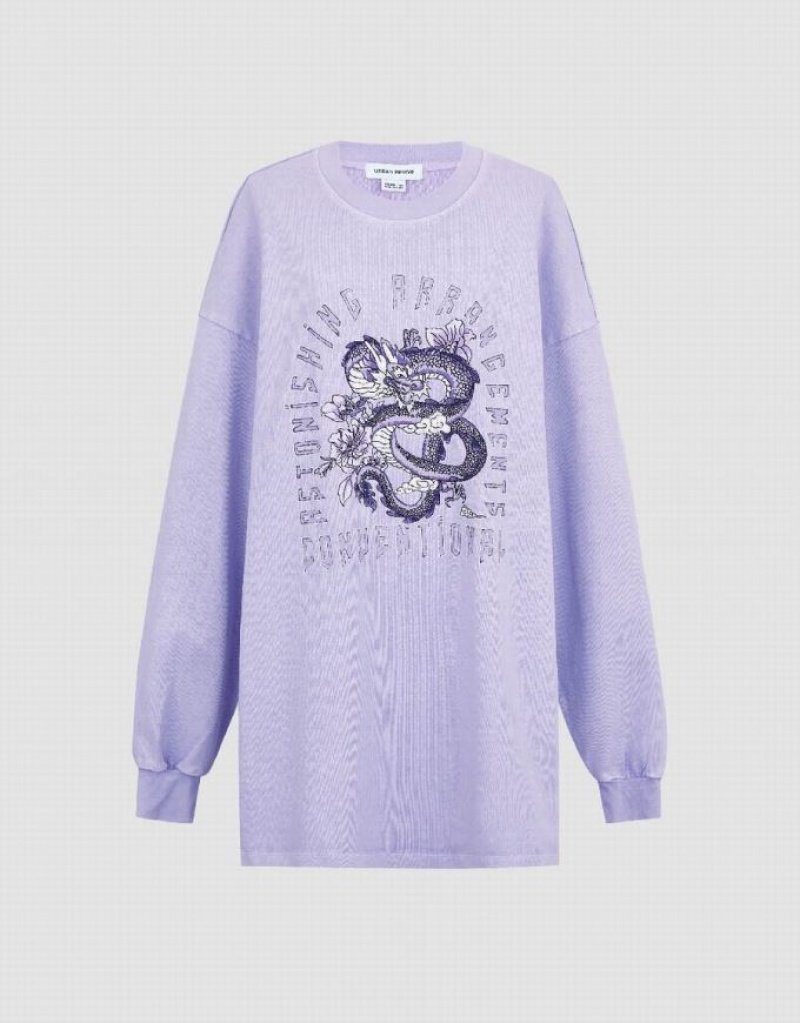 Urban Revivo Printed Crew Neck Loose Women's T-Shirts Purple | EZAMQRF-50