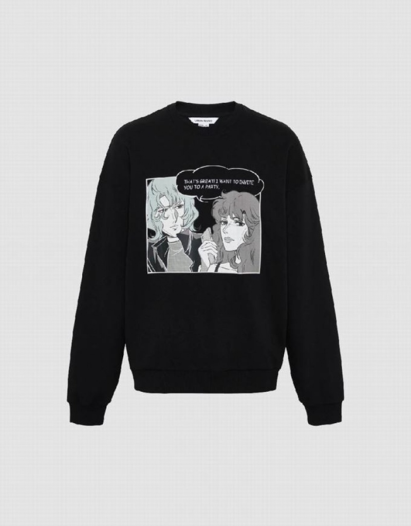 Urban Revivo Printed Crew Neck Men's Sweatshirts Black | YUTQKRF-86