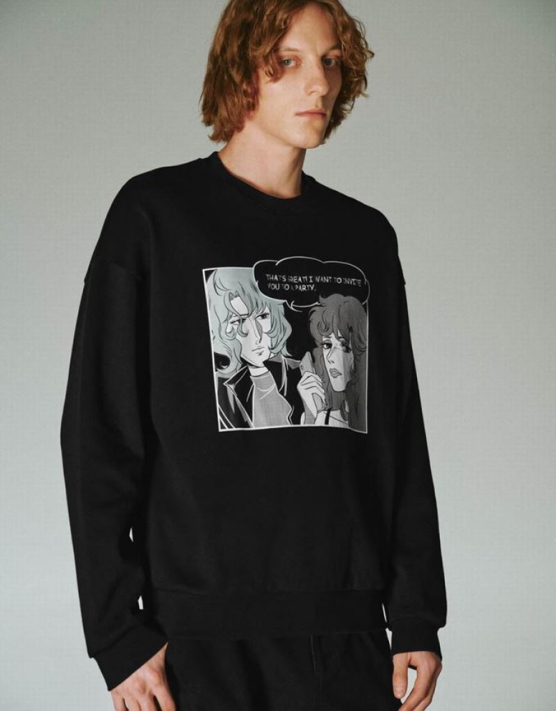 Urban Revivo Printed Crew Neck Men's Sweatshirts Black | YUTQKRF-86