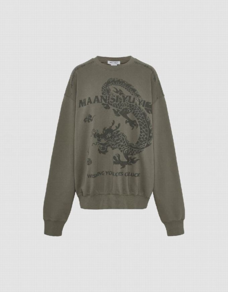 Urban Revivo Printed Crew Neck Oversized Women's Sweatshirts Green | SJTFWBO-94